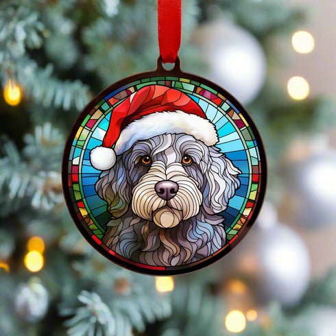Labradoodle Grey in Santa Hat Suncatcher Decoration